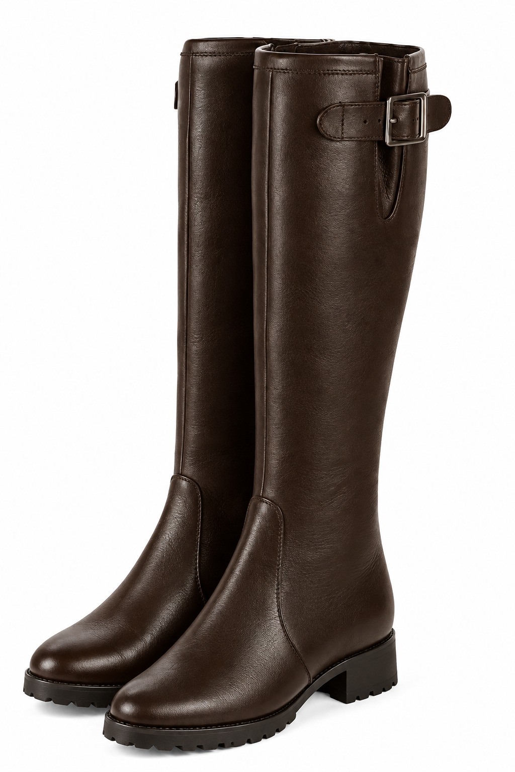 Dress custom-made knee-high boots with buckles in dark brown leather with thick rubber soles and round toe - Front view